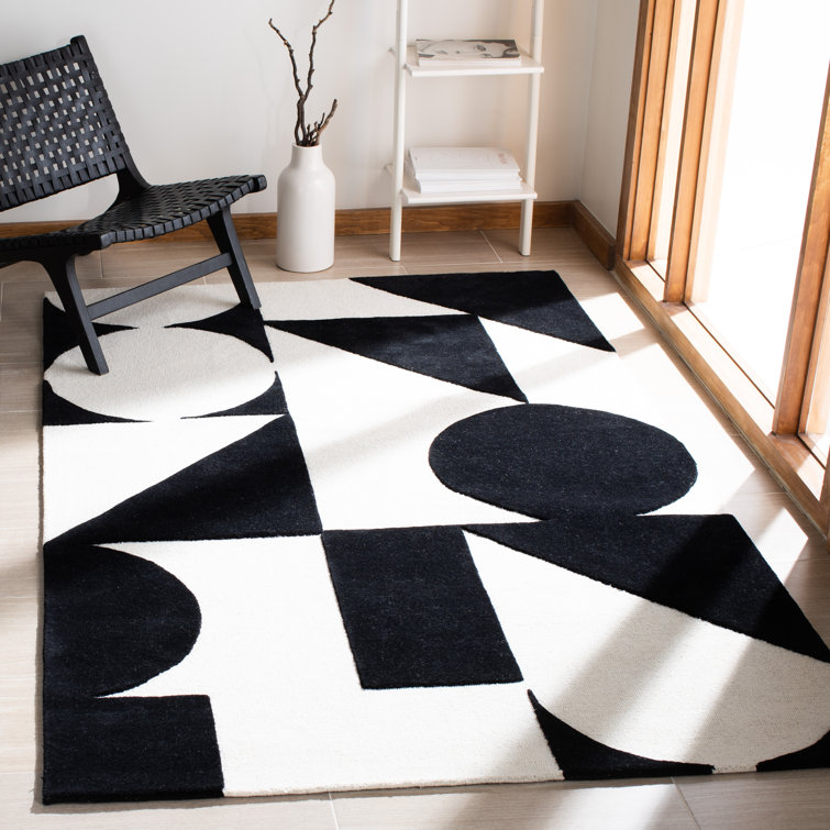 Ivory and Black Geometric Hand-Tufted Wool Square Rug