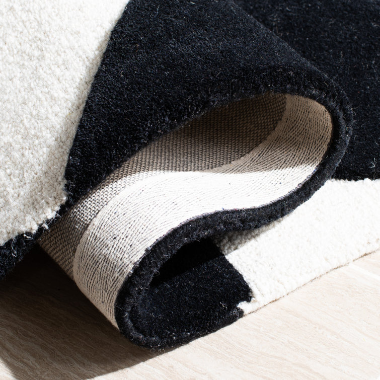 Ivory and Black Geometric Hand-Tufted Wool Square Rug