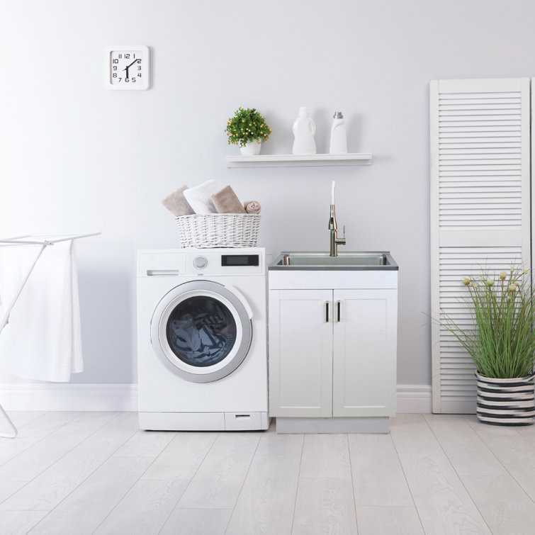 24-Inch White Freestanding Laundry Sink with Stainless Steel Faucet