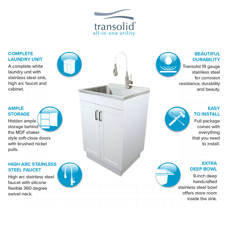 24-Inch White and Stainless Steel Freestanding Laundry Sink with Faucet