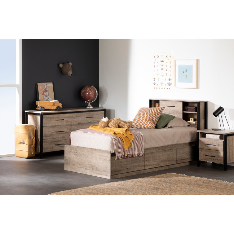 Twin Weathered Oak and Matte Black Wood Headboard with Storage