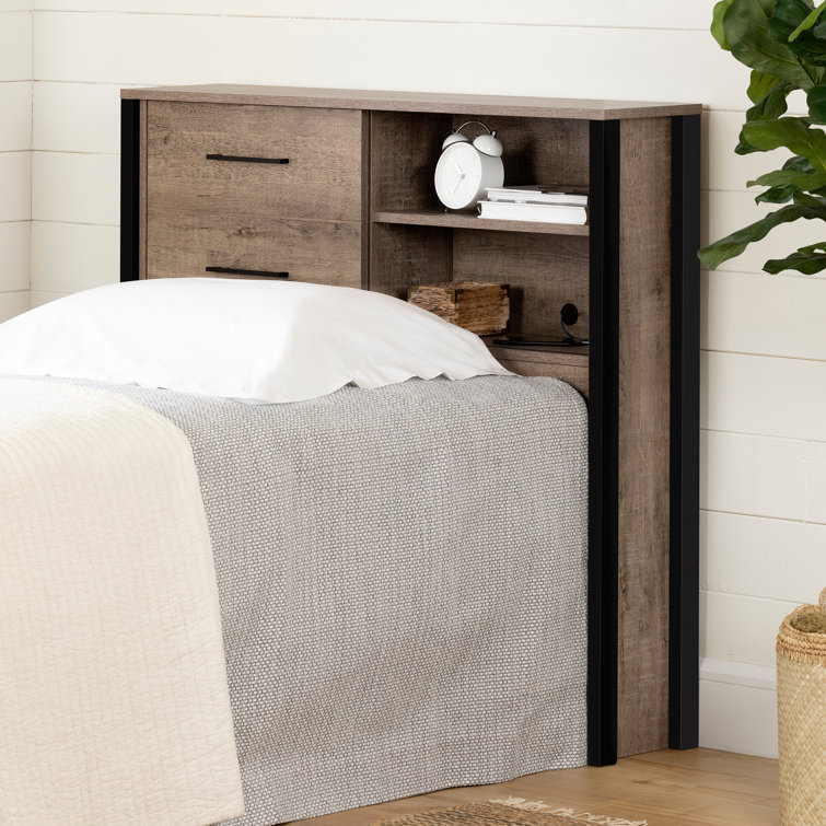 Twin Weathered Oak and Matte Black Wood Headboard with Storage