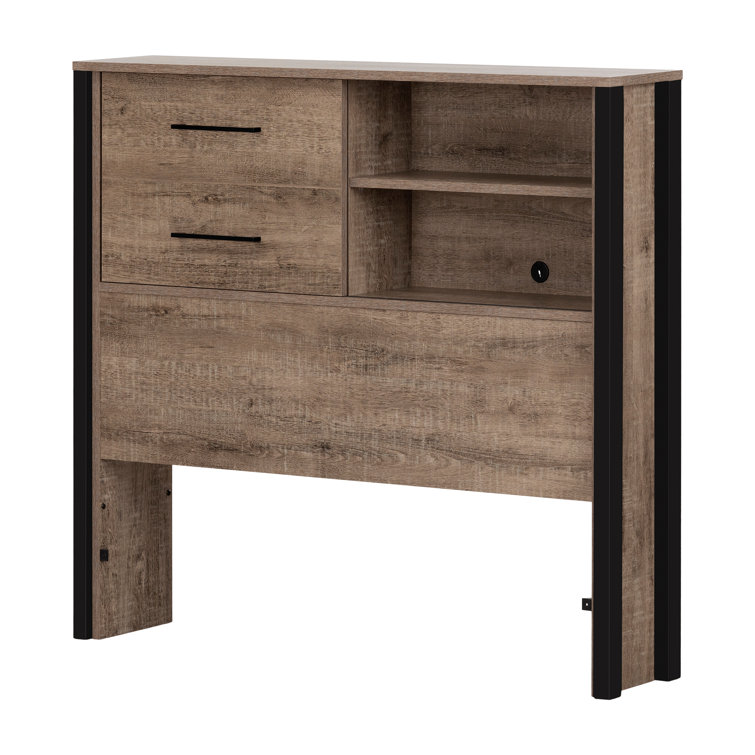 Twin Weathered Oak and Matte Black Wood Headboard with Storage