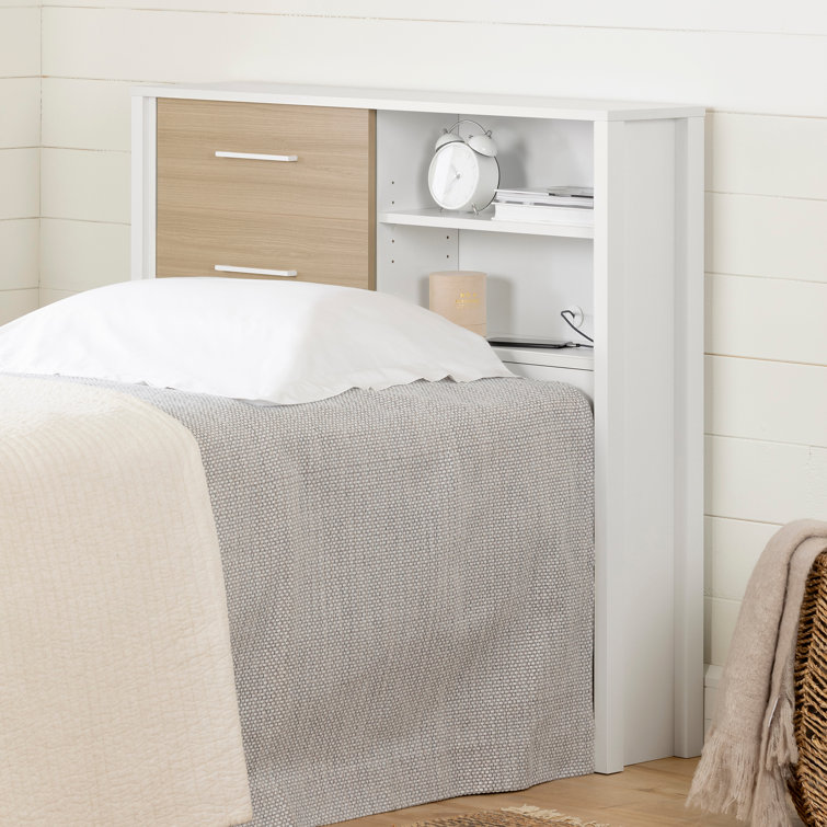 Twin White and Soft Elm Wood Bookcase Headboard with Storage