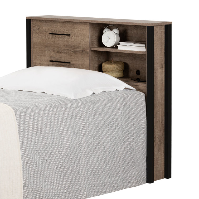 Twin Weathered Oak and Matte Black Wood Headboard with Storage