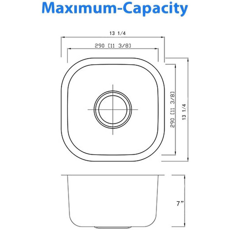 13'' Square Undermount Stainless Steel Single Bowl Kitchen Sink