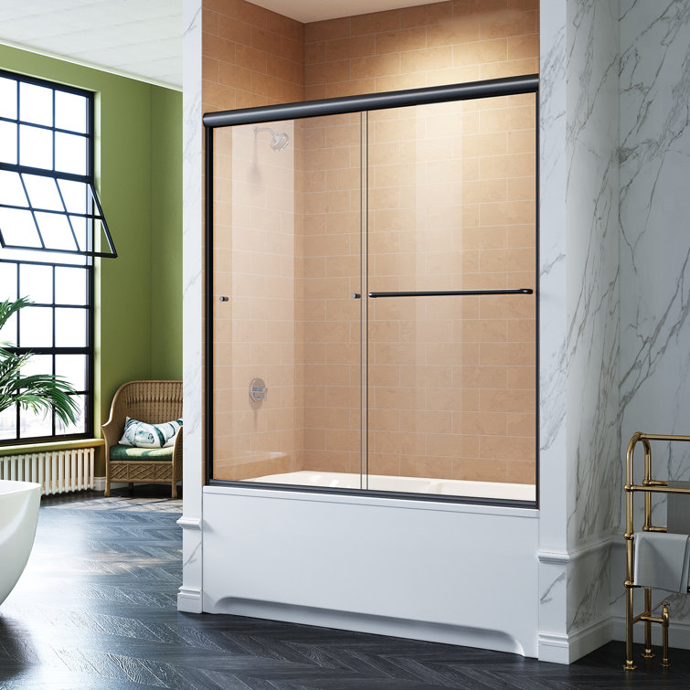 Elegant Black Matte Sliding Bathtub Shower Door with Tempered Glass