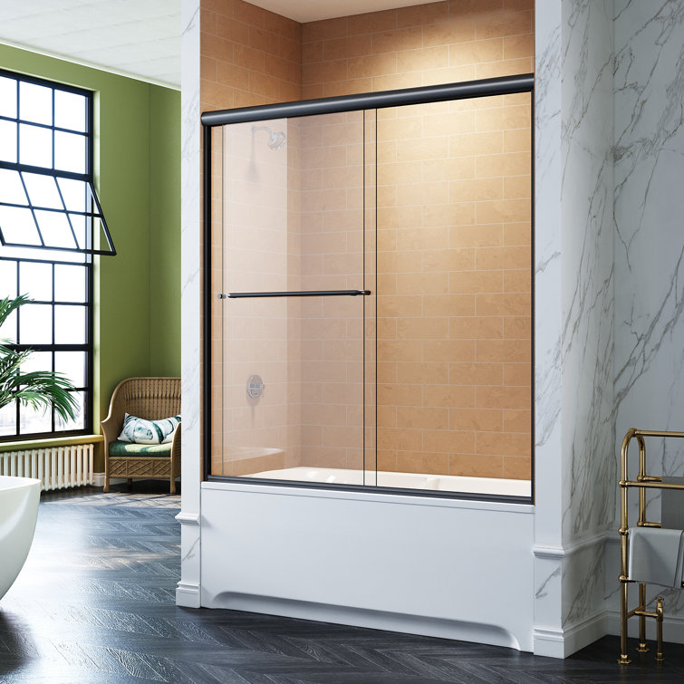 Elegant Black Matte Sliding Bathtub Shower Door with Tempered Glass