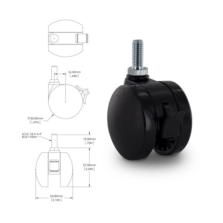 2-Inch Black Rubber Twin Wheel Swivel Brake Casters with Stem