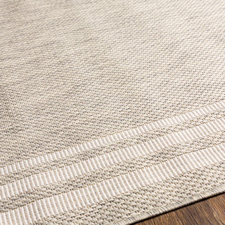 Gray and Taupe Synthetic Runner Rug with Geometric Border