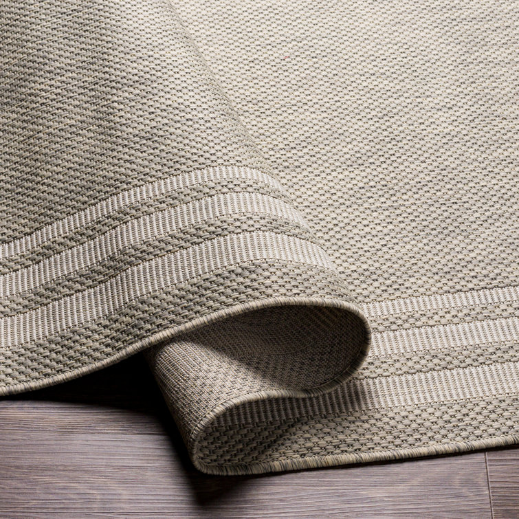 Gray and Taupe Synthetic Runner Rug with Geometric Border