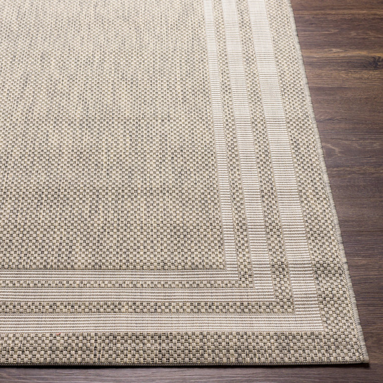 Gray and Taupe Synthetic Runner Rug with Geometric Border