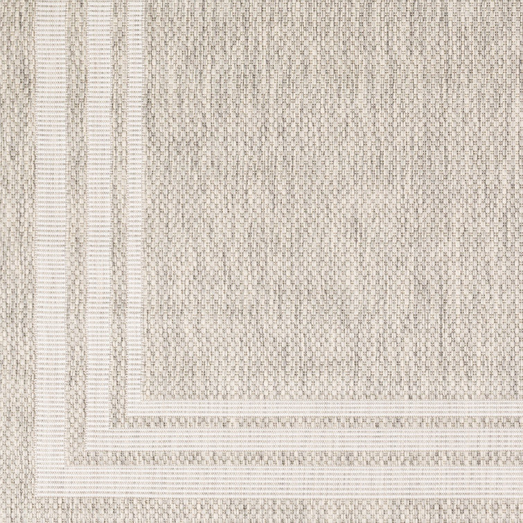 Gray and Taupe Synthetic Runner Rug with Geometric Border