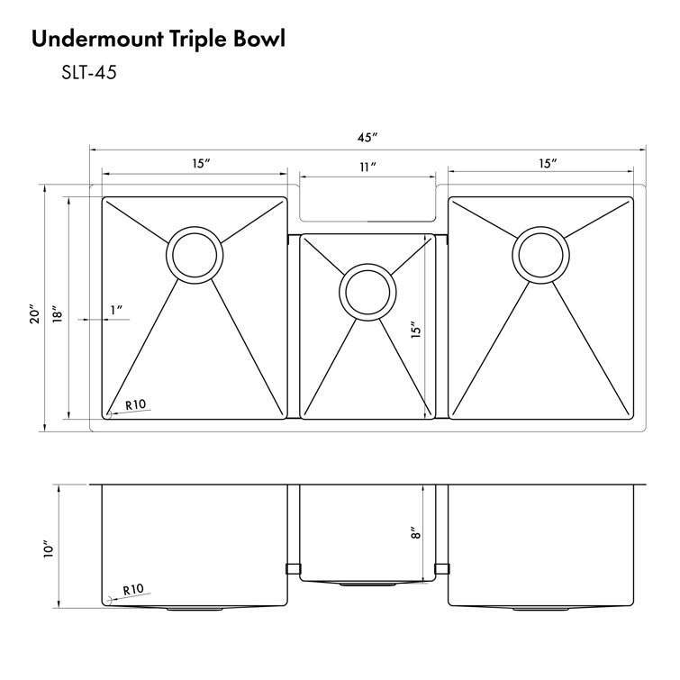 Breckenridge 45" Triple Bowl Stainless Steel Kitchen Sink