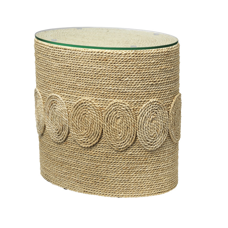 Hand-Woven Corn Straw Round Side Table with Glass Top