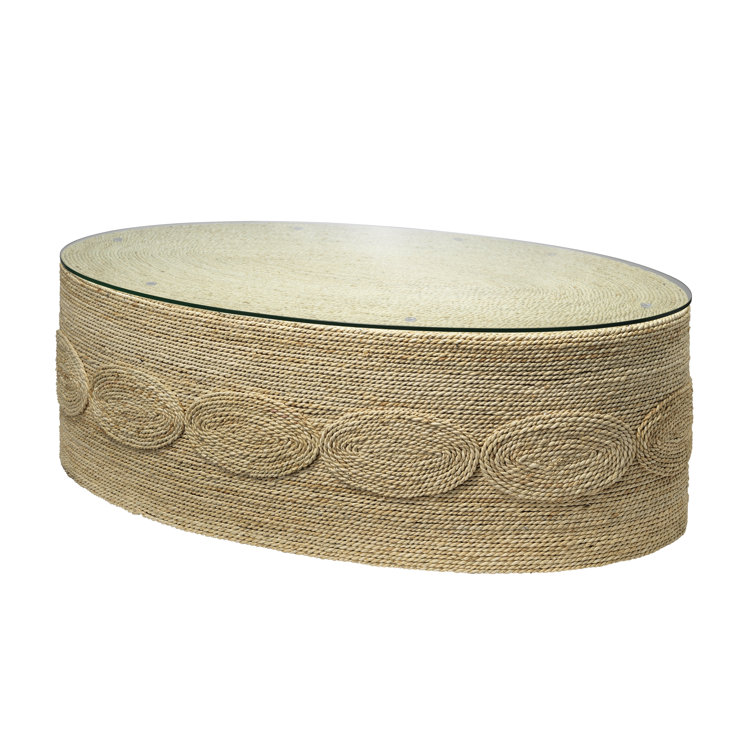 Oval Handwoven Corn Straw Rope Coffee Table with Glass Top