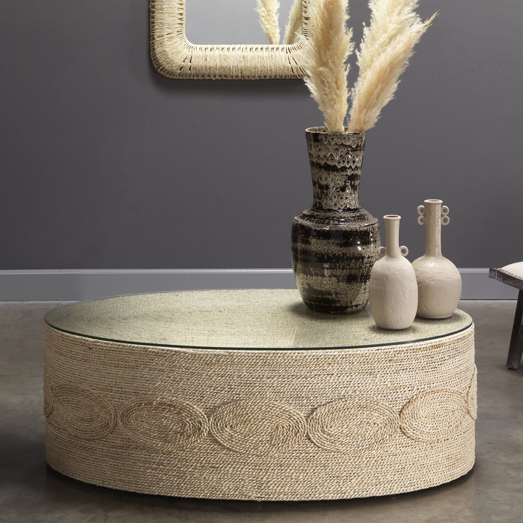 Oval Handwoven Corn Straw Rope Coffee Table with Glass Top