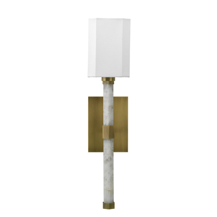 Antique Brass and White Quartz Dimmable Wall Sconce with Linen Shade
