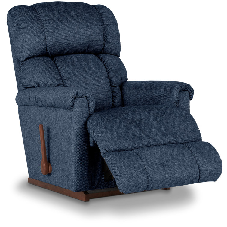 Navy Polyester Twill Manual Recliner with Brown Wood Legs