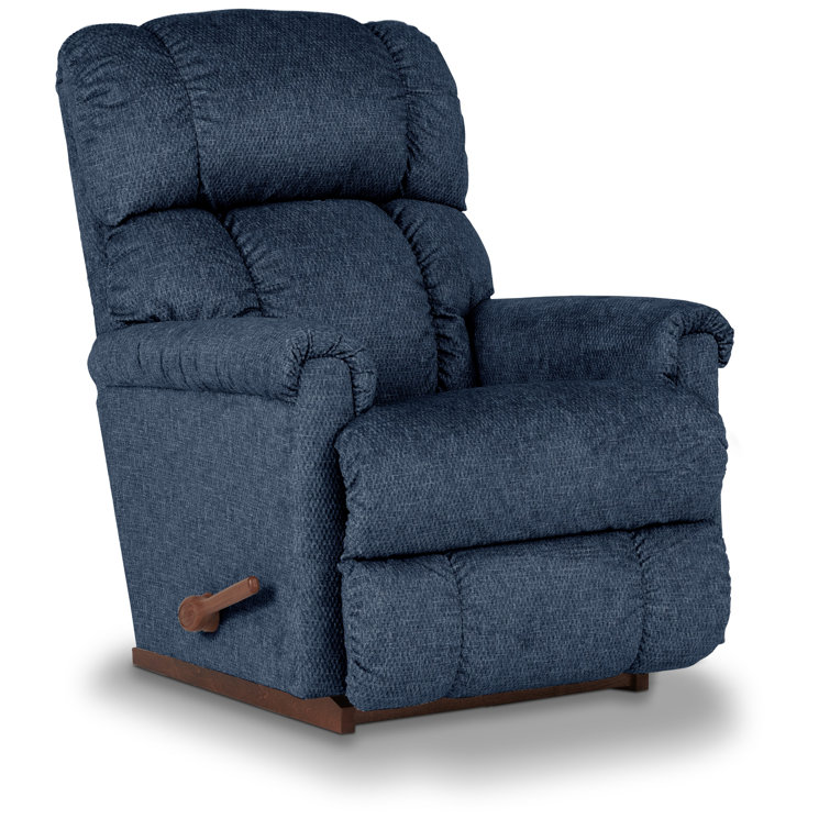 Navy Polyester Twill Manual Recliner with Brown Wood Legs