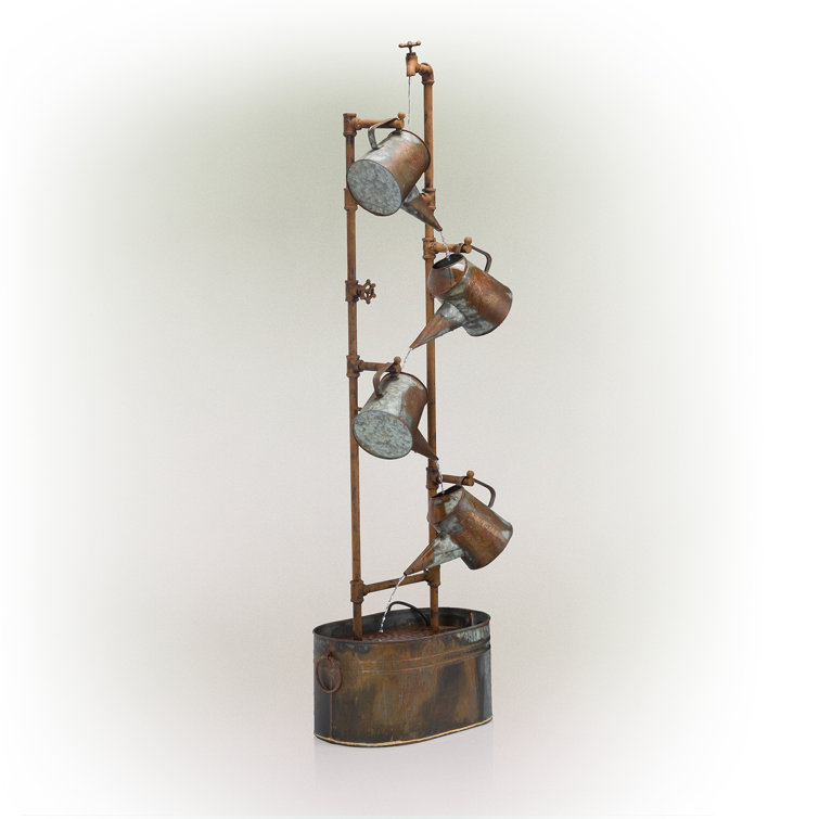 Rustic Silver Tiered Watering Can Floor Fountain