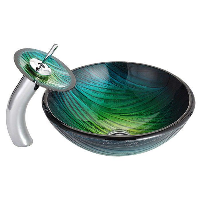 Green Glass Vessel Sink with Chrome Waterfall Faucet