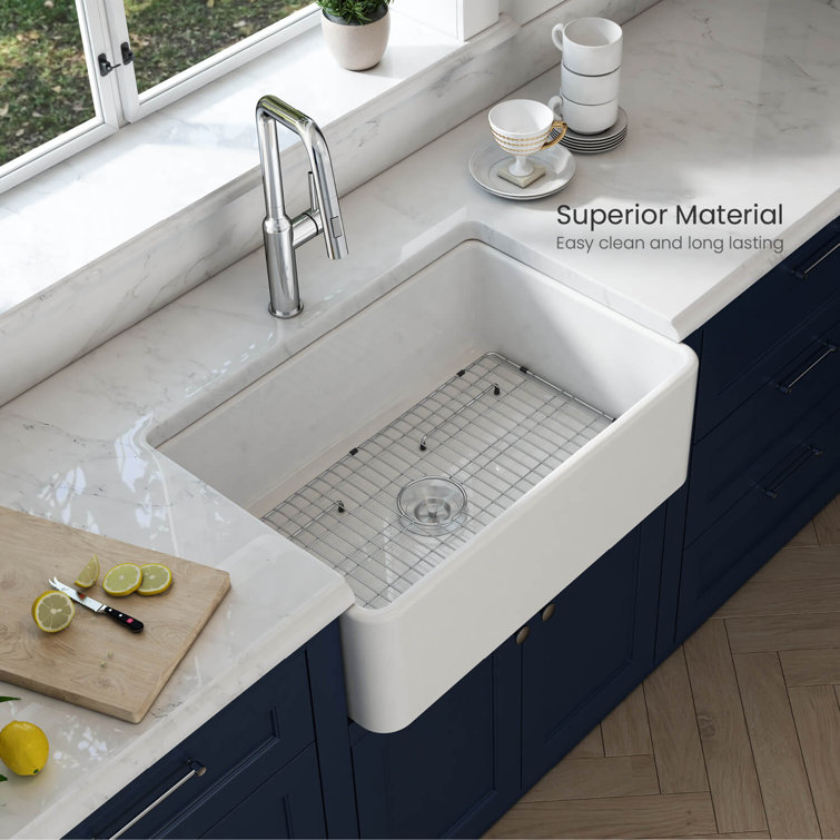 30" White Fireclay Farmhouse Kitchen Sink with Bottom Grid and Strainer