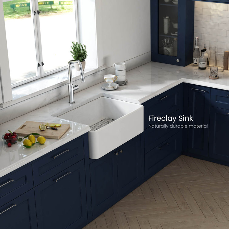 30" White Fireclay Farmhouse Kitchen Sink with Bottom Grid and Strainer