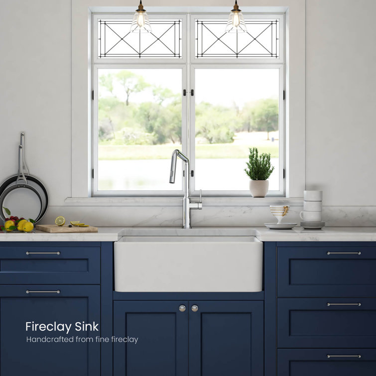 30" White Fireclay Farmhouse Kitchen Sink with Bottom Grid and Strainer