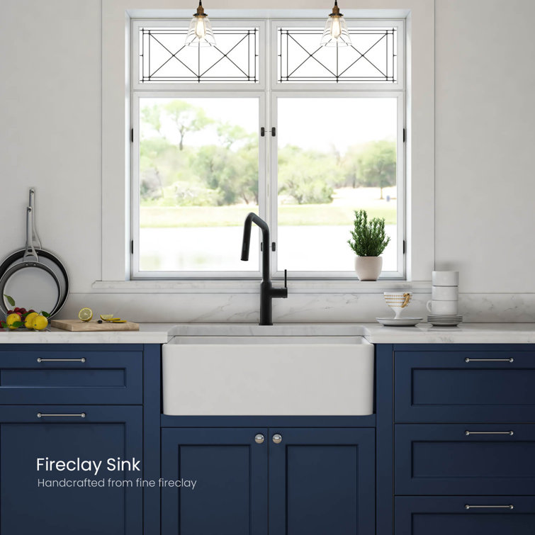 30" White Fireclay Farmhouse Kitchen Sink with Bottom Grid and Strainer