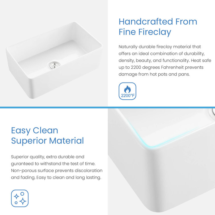 30" White Fireclay Farmhouse Kitchen Sink with Bottom Grid and Strainer