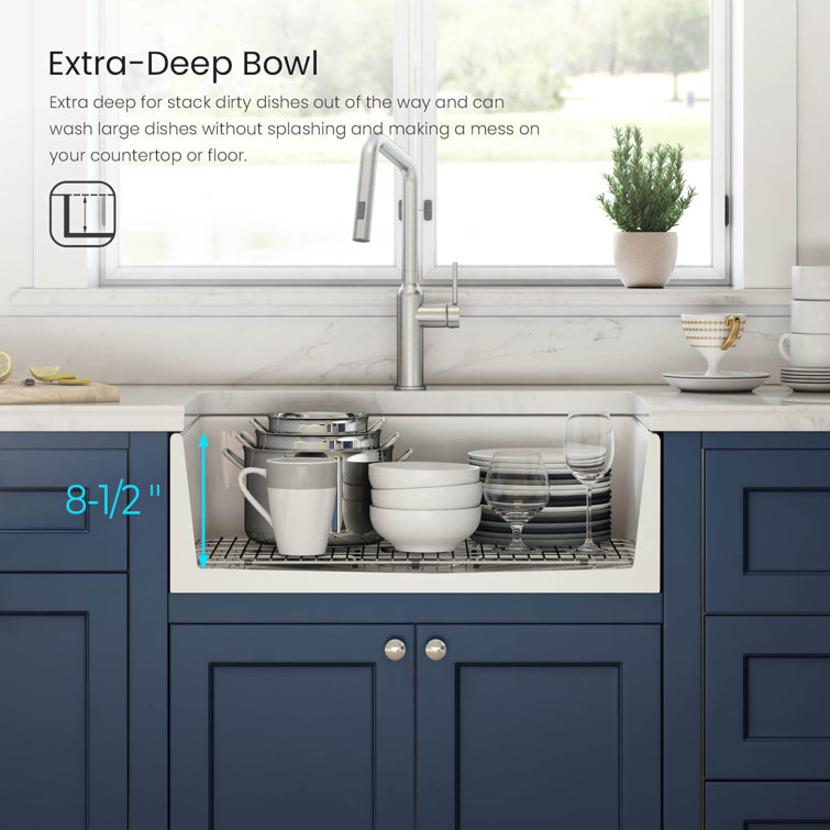 30" White Fireclay Farmhouse Kitchen Sink with Bottom Grid and Strainer