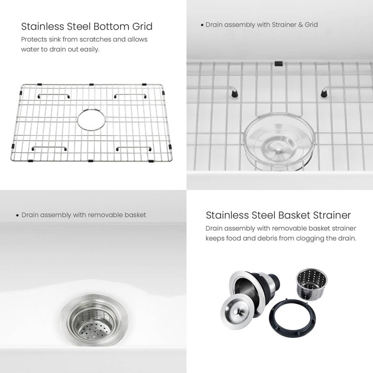 30" White Fireclay Farmhouse Kitchen Sink with Bottom Grid and Strainer