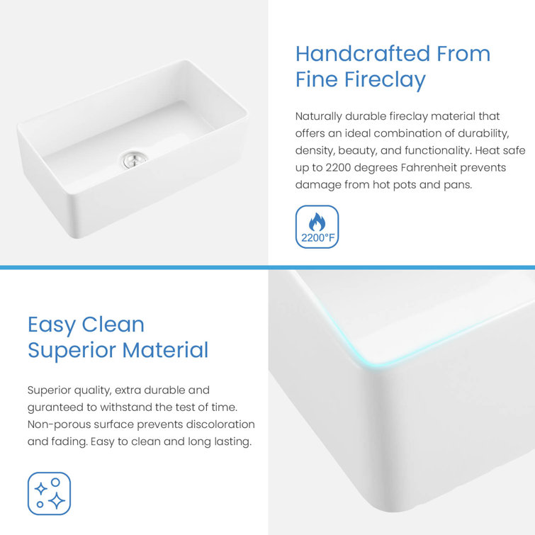 Pure White 33" Fireclay Single Bowl Farmhouse Kitchen Sink