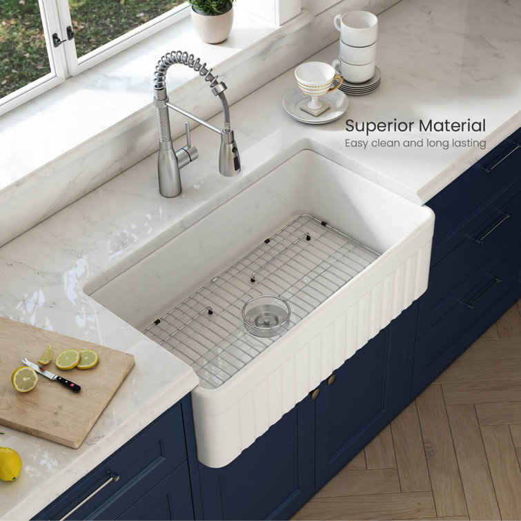 Elegant White Fireclay Farmhouse Kitchen Sink with Grid and Strainer