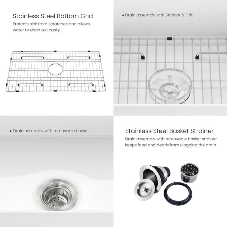 Elegant White Fireclay Farmhouse Kitchen Sink with Grid and Strainer