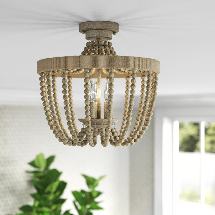 Natural Wood and Rope 3-Light Semi-Flush Mount Ceiling Light