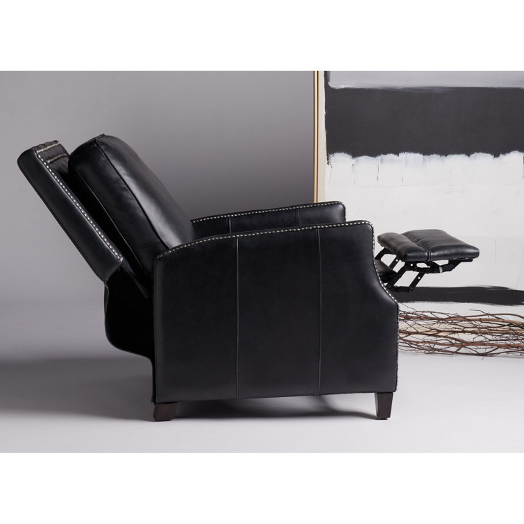 Black Leather Recliner with Wood Legs and Nailhead Trim