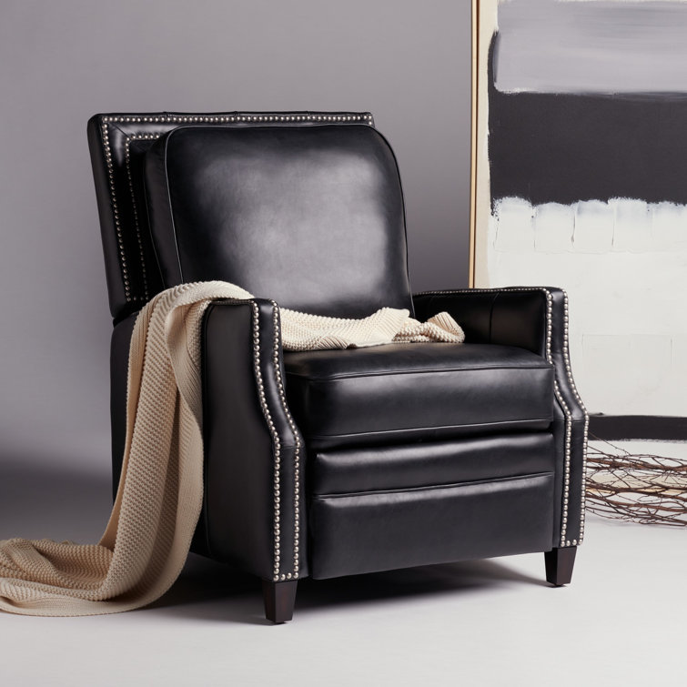 Black Leather Recliner with Wood Legs and Nailhead Trim