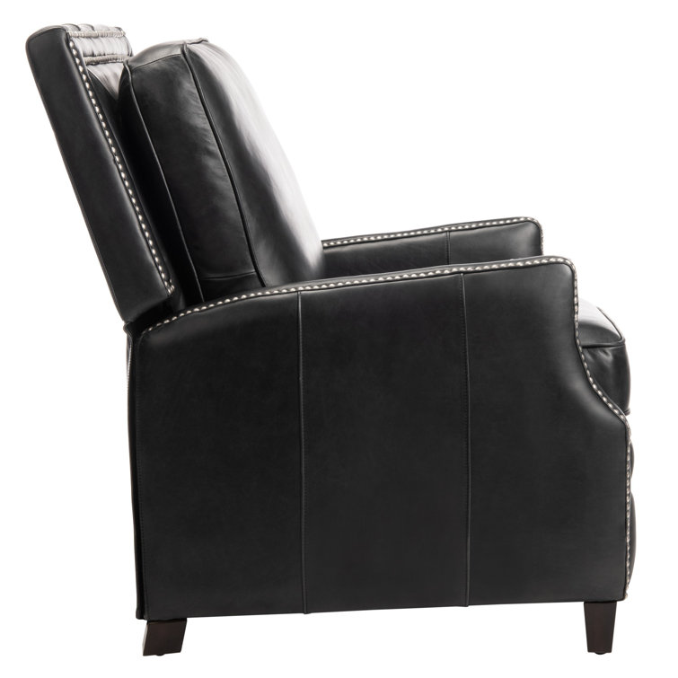 Black Leather Recliner with Wood Legs and Nailhead Trim