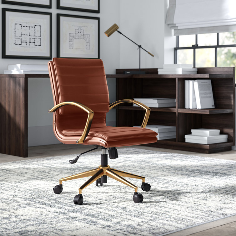 Saddle Faux Leather Mid-Back Chair with Gold Finish Base