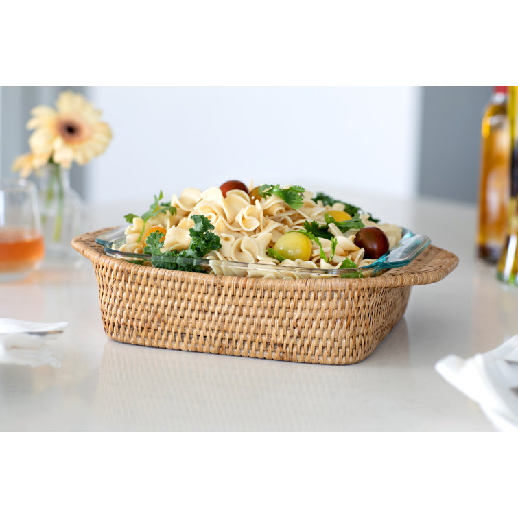 Honey Brown Square Rattan Baker Basket with Glass Dish
