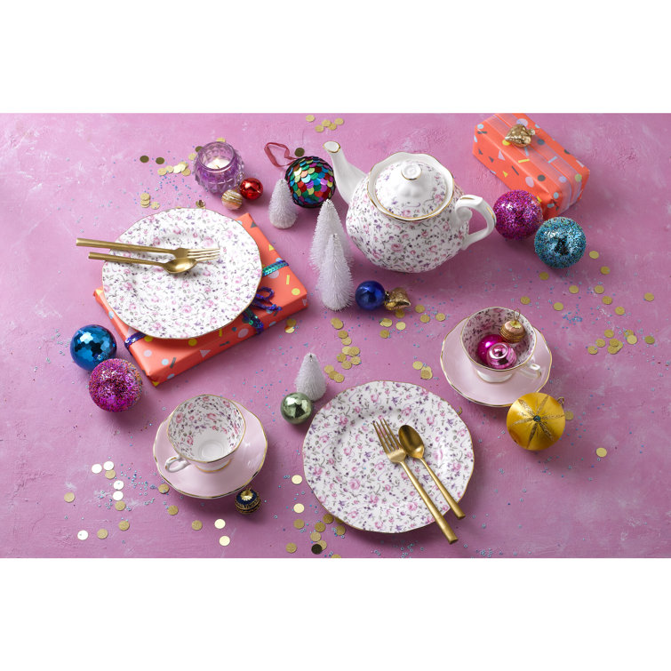 Rose Confetti Floral Porcelain 5-Piece Place Setting with Gold Rim