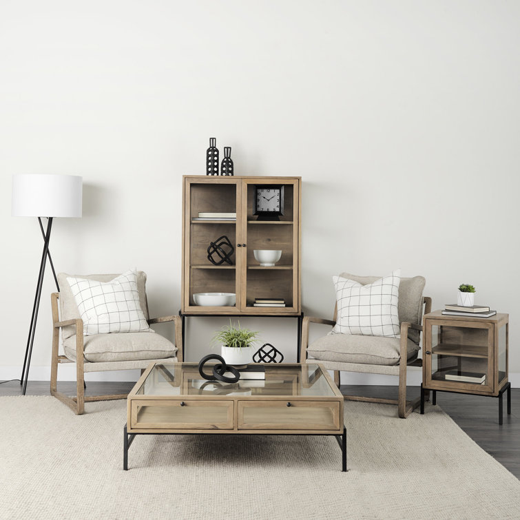 Light Brown Mango Wood and Glass Square Coffee Table with Storage