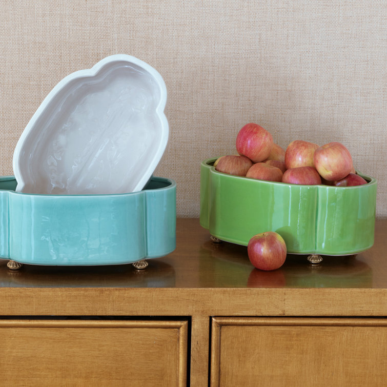 Green Oval Ceramic Planter with Brass Feet