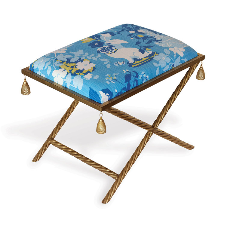 Blue and White Cotton Upholstered Steel Accent Stool