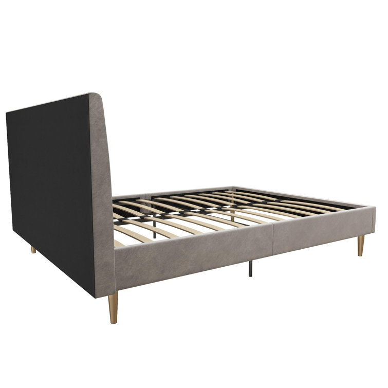 Daphne Light Gray Velvet Upholstered Bed with Brass Toned Legs