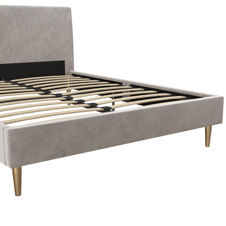 Daphne Light Gray Velvet Upholstered Bed with Brass Toned Legs