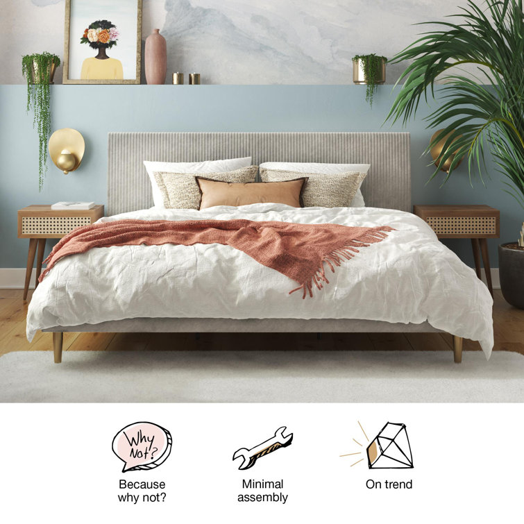 Daphne Light Gray Velvet Upholstered Bed with Brass Toned Legs