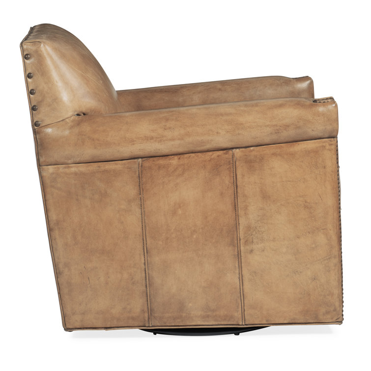 Brown Genuine Leather Swivel Club Chair with Nailhead Trim
